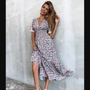 Zara Boho Floral Print Contrast Lace Midi Dress Ruffle Flirty Lace A-Line Small